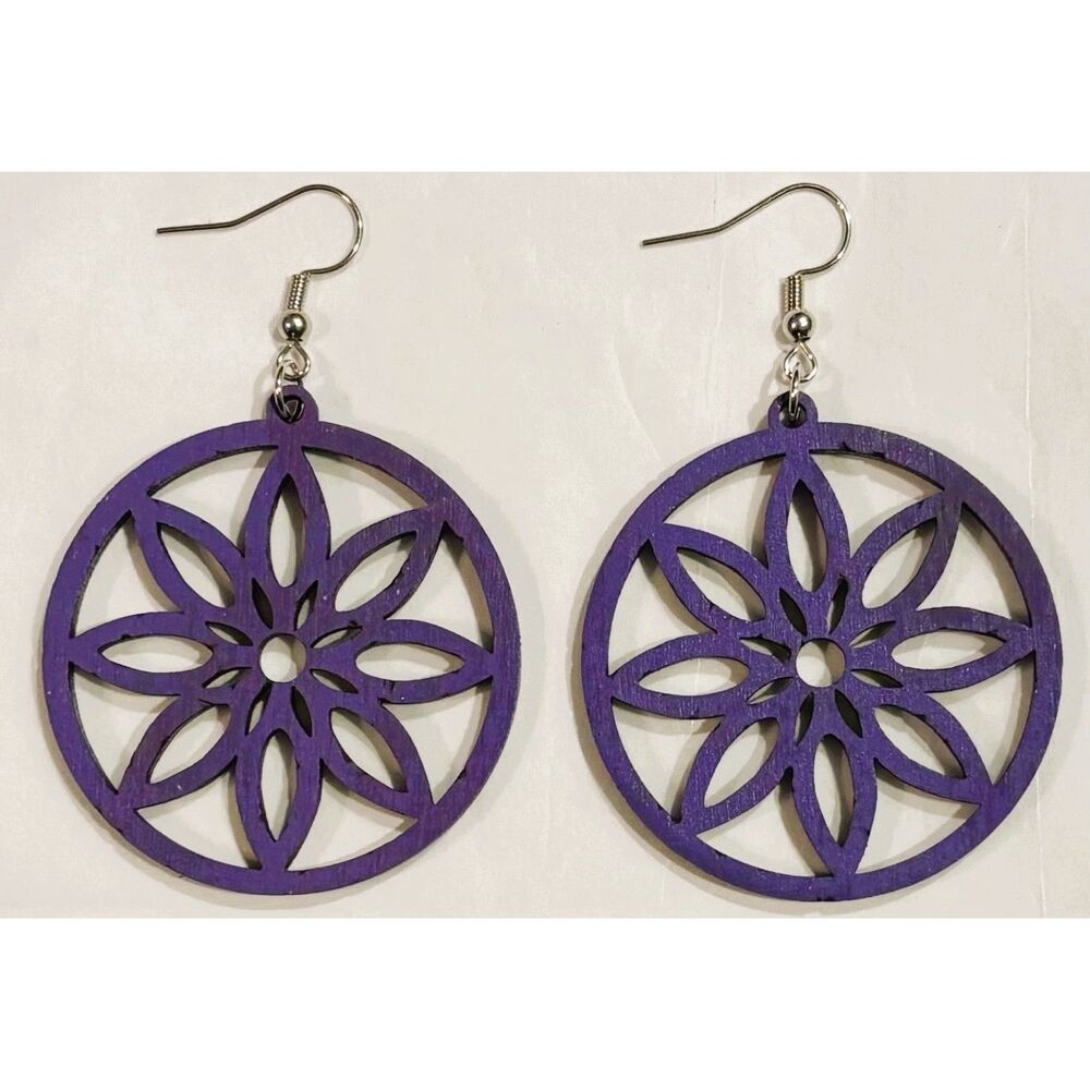 Wood Earrings - 2" x 1.84" - Circle Flower - Grape - E105-18